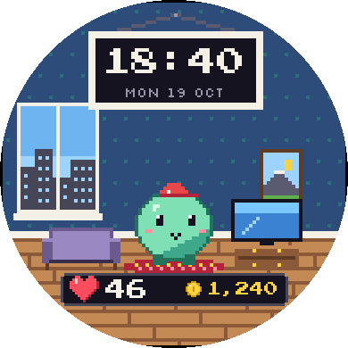 Pip v3 watch face with time, steps, coins, and a pixel companion